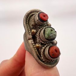 massive antique ethnic bedouin yemen silver coral green turquoise handmade ring