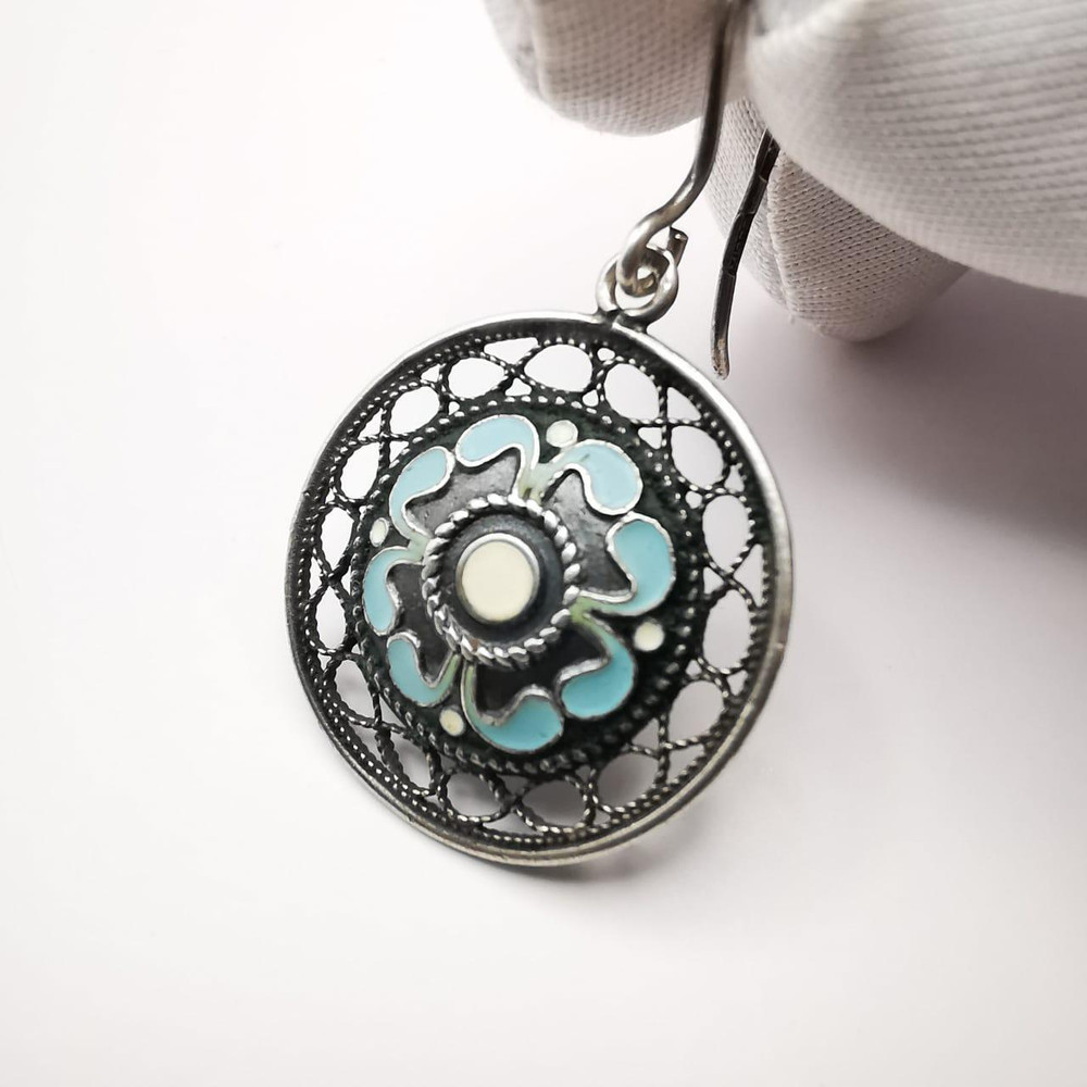 Vintage Womens EarringsOrnament Protection916 Sterling SilverJewelryEnamel 2