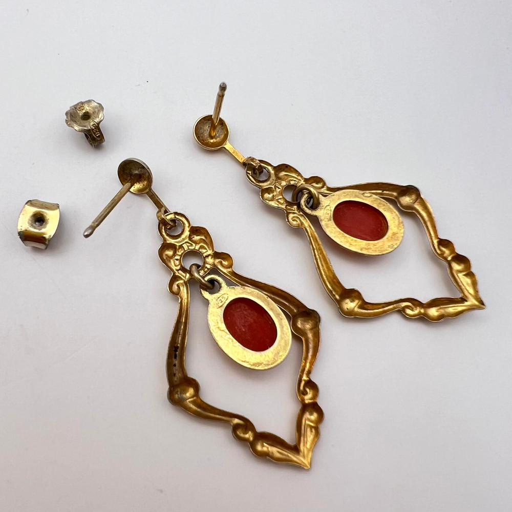 Gilt Sterling Silver 925 Vintage Pre Owned Womans Stud Ear Earrings Coral Gemstone Signed 6