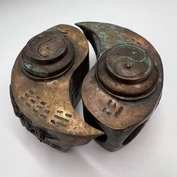 yin yang antique chinese pair teapot draggon phoenix brass copper marked