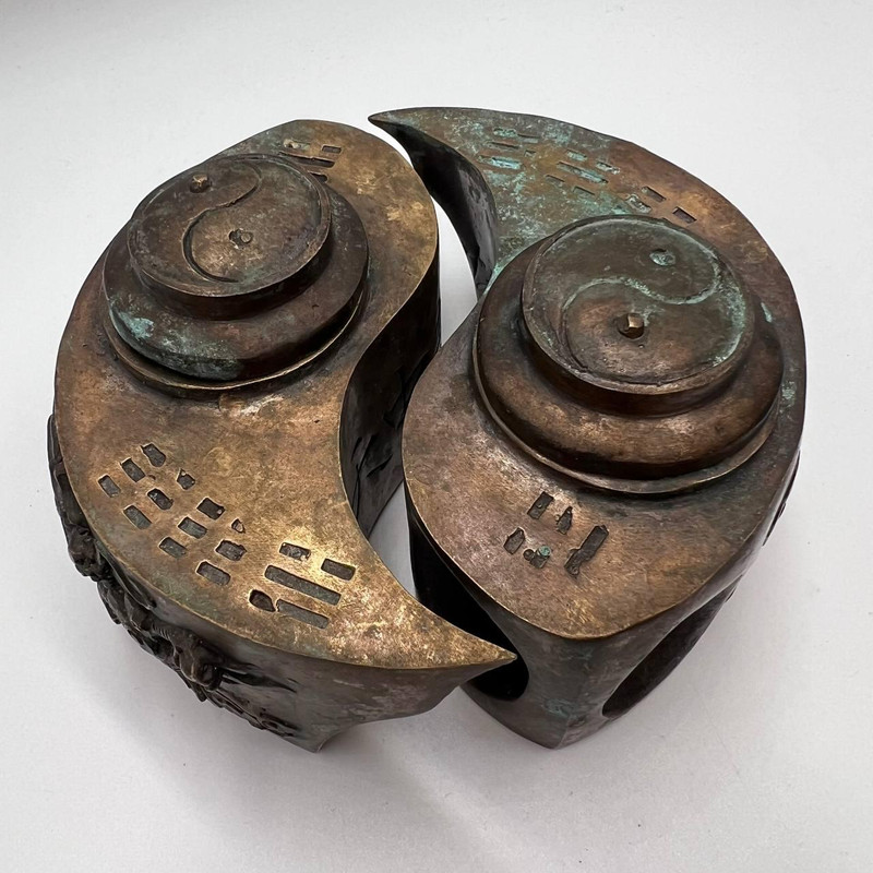Yin Yang Antique Chinese Pair Teapot Draggon Phoenix Brass Copper Marked 0