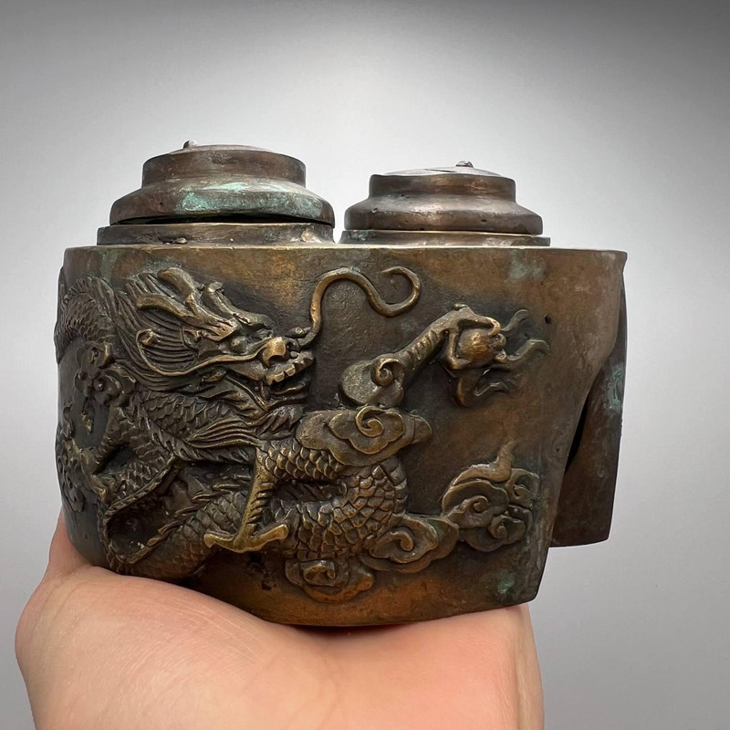Yin Yang Antique Chinese Pair Teapot Draggon Phoenix Brass Copper Marked 1