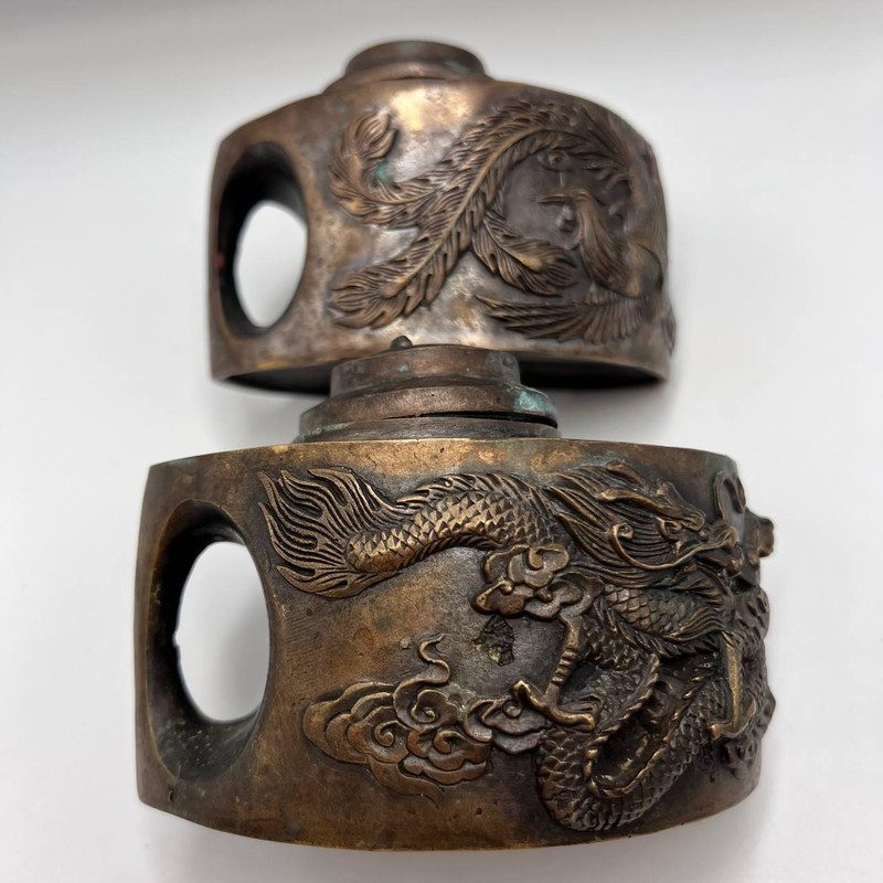 Yin Yang Antique Chinese Pair Teapot Draggon Phoenix Brass Copper Marked 2