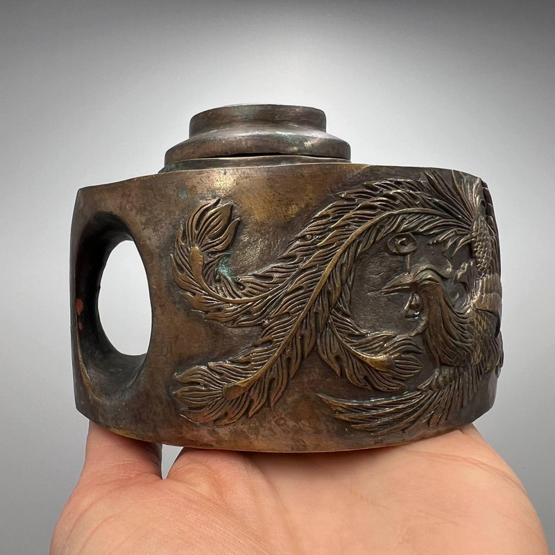 Yin Yang Antique Chinese Pair Teapot Draggon Phoenix Brass Copper Marked 3
