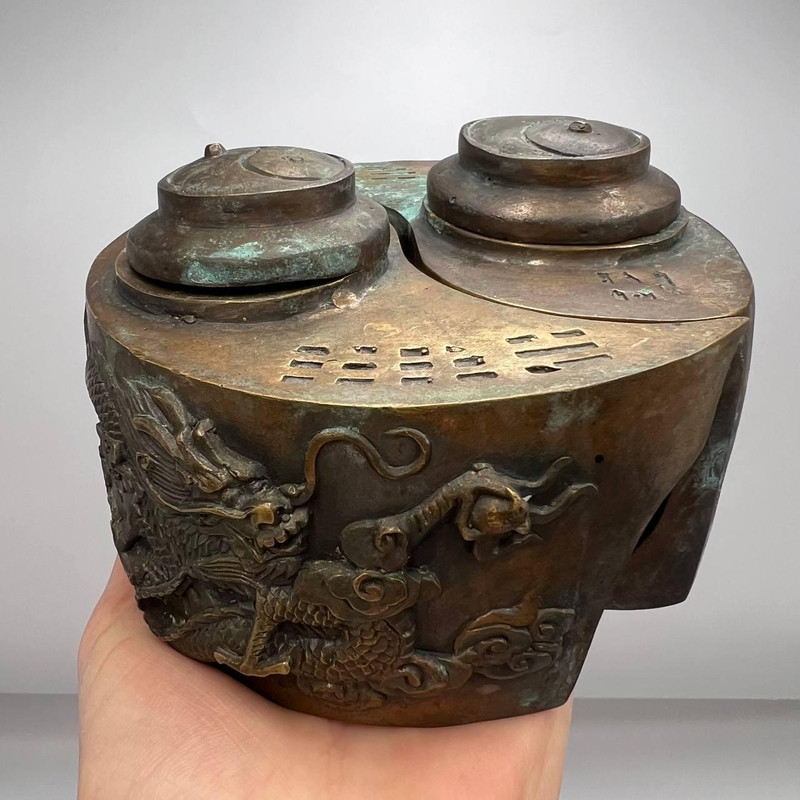 Yin Yang Antique Chinese Pair Teapot Draggon Phoenix Brass Copper Marked 4