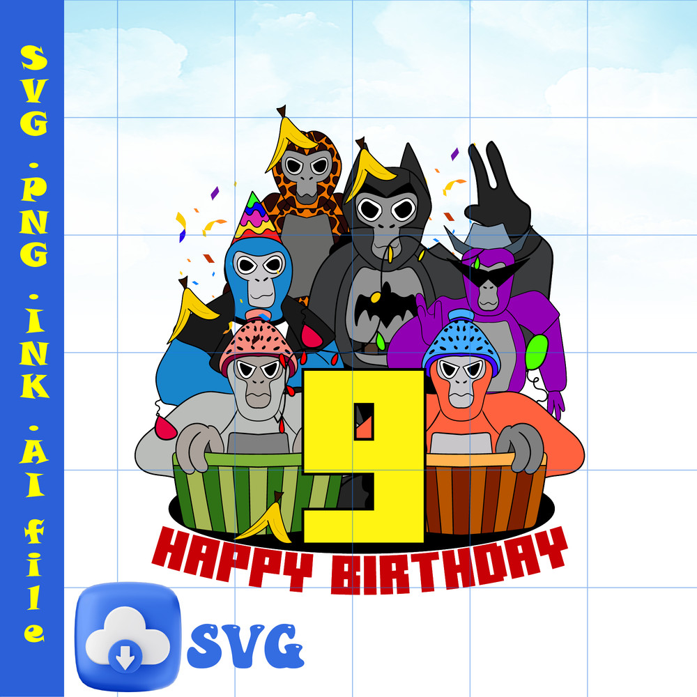 Editable Happy Bithday Gorilla Tag TShirt SVG Gorilla Tag PNG Gorilla Tag Printable TShirt For 9th Birthday Gift Png 0