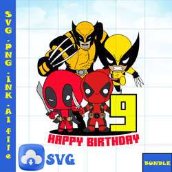 editable t-shirt 9th birthday deadpool svg, wolverine png, pdf to print, wolverine and deadpool printable for birthday.