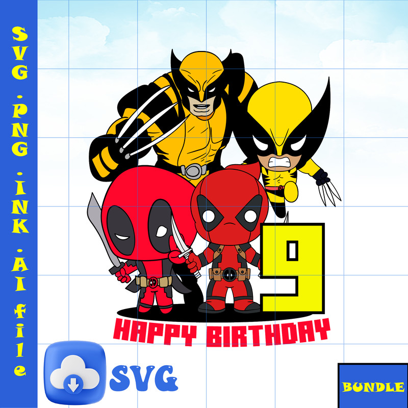 Editable TShirt 9th Birthday Deadpool SVG Wolverine PNG PDF To Print Wolverine And Deadpool Printable For Birthday 0