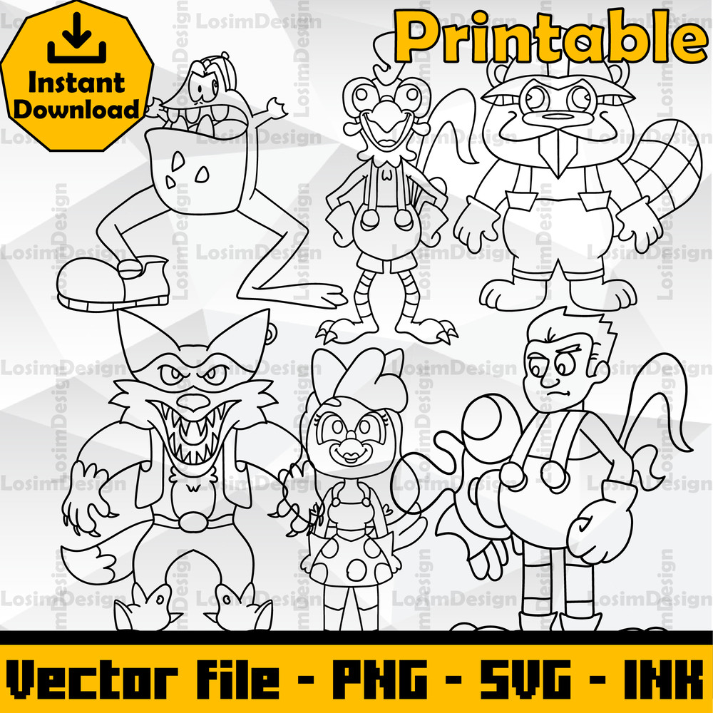 Editable Jaxon Jackyl Barney BeavertonRoofus RibbitRichard In Clucky Cut File Coloring PagesSVGPNGInk 1