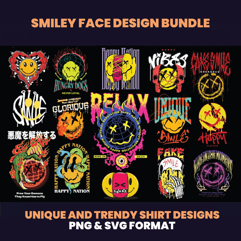 70 Smiley Design Bundles Smile Emoji Design Streetwear Designs Graphic Tees Urban Shirt Design DTF DTG 0