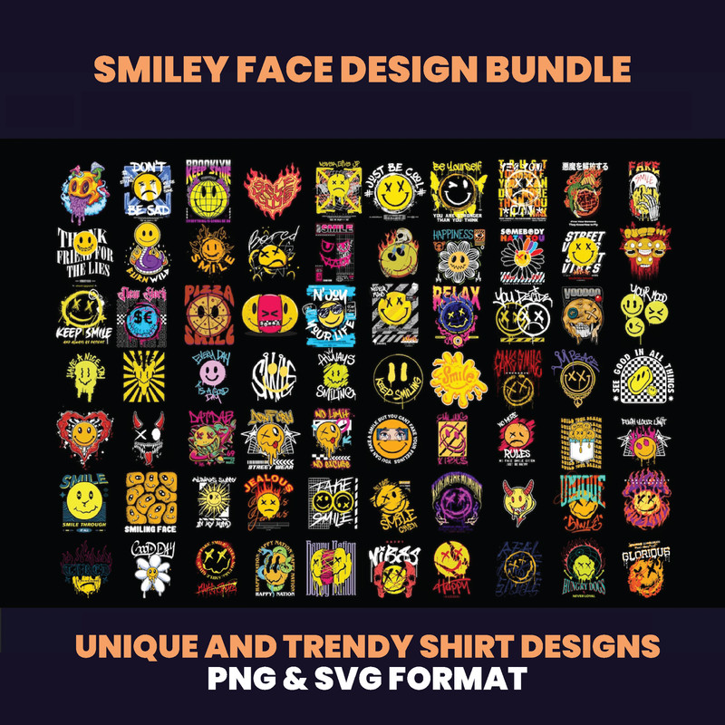 70 Smiley Design Bundles Smile Emoji Design Streetwear Designs Graphic Tees Urban Shirt Design DTF DTG 1