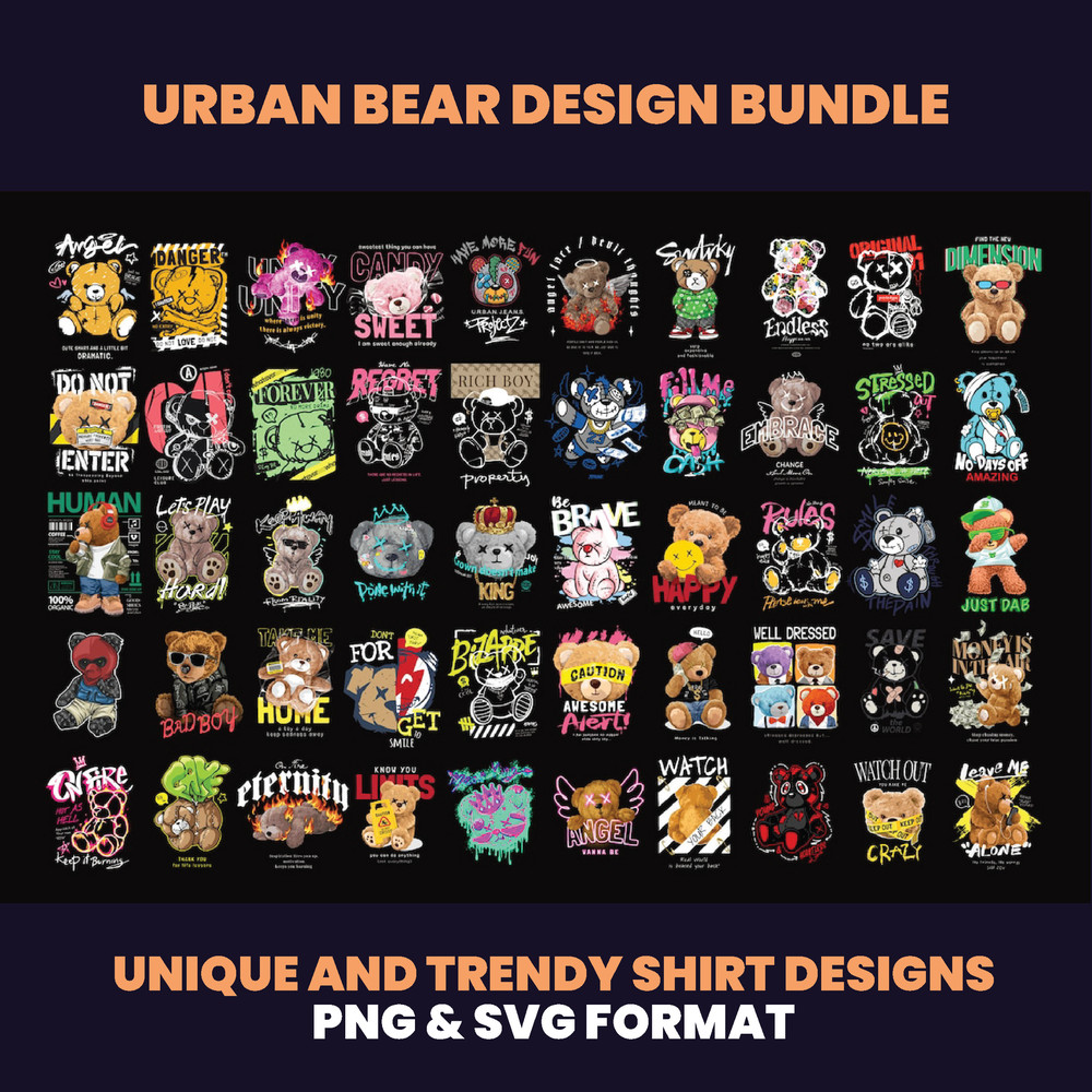 111 Urban Bear Designs Bundle Streetwear Design Graphic Tees Teddybear Design Urban Design Hip Hop DTF DTG 2