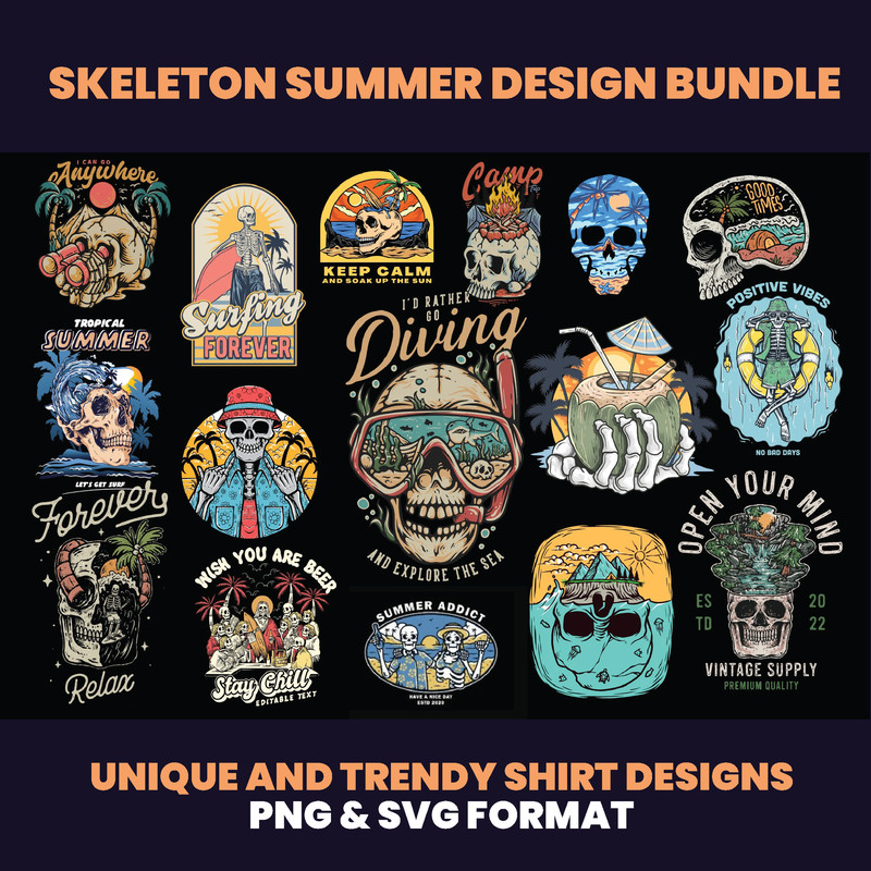 100 Skeleton Skull Design Bundle Skull Skeleton Streetwear Design Rock Design Skull Skeleton Vintage Urban DTF DTG 0