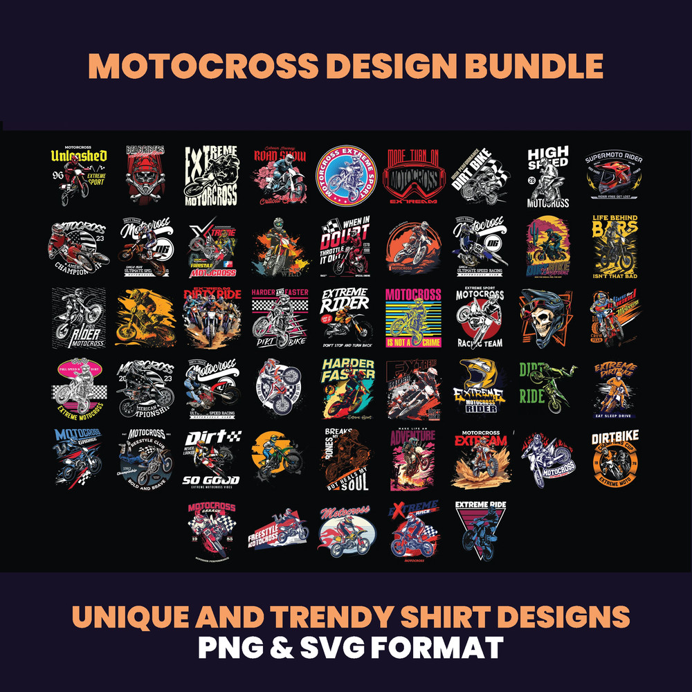 50 Motocross Designs Sport Bike Shirt Design Bundle Streetwear Dirty Bike Design Urban Shirt Designs DTF DTG 1