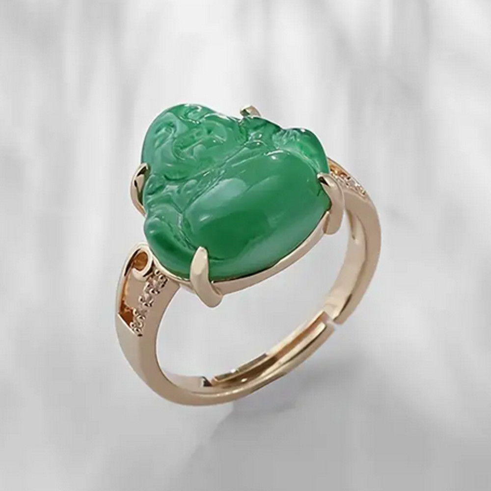New Gold Plated Elegant And Adorable Jade Maitreya Buddha Ring With Rhinestone Size Adjustable 0