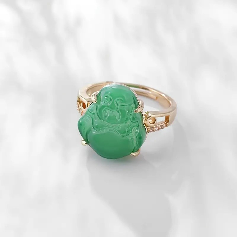 New Gold Plated Elegant And Adorable Jade Maitreya Buddha Ring With Rhinestone Size Adjustable 1