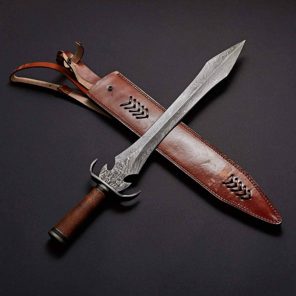 Custom Handmade Damascus Steel Hunting Machete Sword Double Edged Sharp Blade Durable Steel Vikings Sword 0