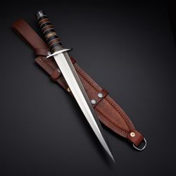 d2 tool steel dagger knife, durable hunting dagger & sheath, sharp edge needle point blade