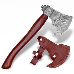 18" handmade damascus steel axe hatchet, viking axe, throwing axe, hunting survival axe & sheath, wood handle