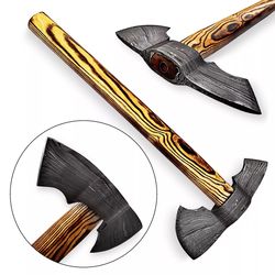 21" bearded axe, hand forged damascus steel hunting axe, personalized axe & sheath, wood handle