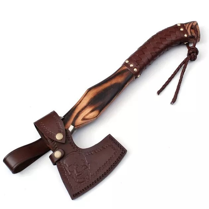 18 THROWING AXE HATCHET HAND FORGED HIGH CARBON STEEL HUNTING AXE ETCHING AXE HEAD SHEATH ASH WOOD HANDLE 1