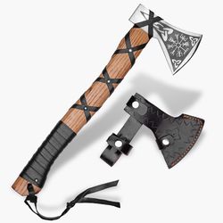 18" THROWING AXE HATCHET, HAND FORGED CARBON STEEL CAMPING HATCHET, AXE THROWING & SHEATH, ASH WOOD HANDLE