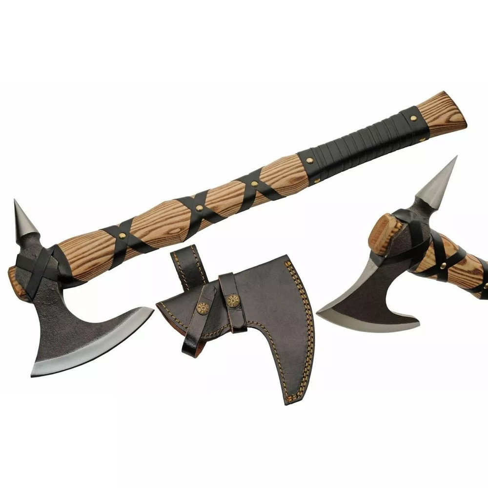 22 SPIKE AXE HANDMADE HIGH CARBON STEEL VIKING AXE WOOD CUTTING AXE  SHEATH WOOD HANDLE 0