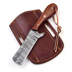 8" full tang handmade damascus steel fixed blade cow boy knife, bull cutter knife & sheath, wood handle