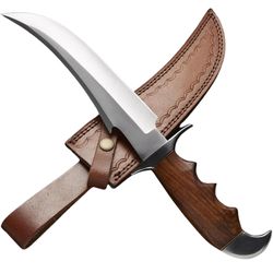 13" handmade d2 steel fixed blade survival bowie knife & sheath, steel guard, smooth wood figer grooves handle