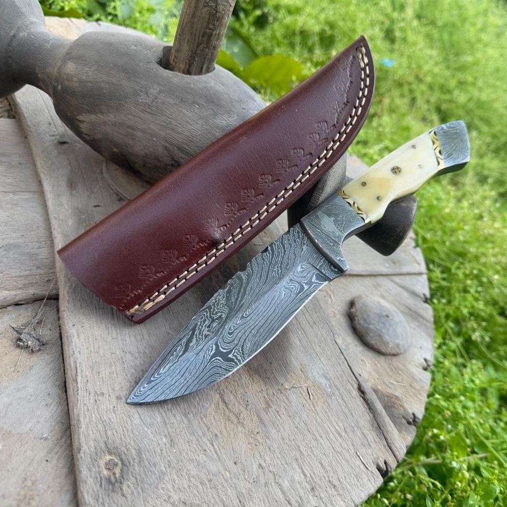 Custom Handmade Damascus Knife Skinner Knife Hunting Knife Tactical Knife Viking Knife Sheath Bone 7