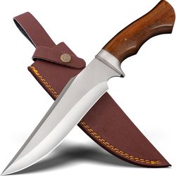 d2 steel tactical hunting bowie knife with sheath, sharp edge & ready to use, wood handle, survival knife