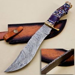 unique handmade damascus steel hunting bowie knife with resin and brass handle - great gift for him