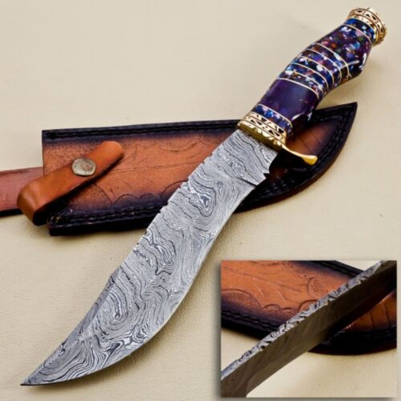 Unique Handmade Damascus Steel Hunting Bowie Knife With Resin And Brass Handle  Great Gift For Him 0