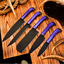 beautiful custom handmade high carbon steel black blade kitchen knife set 5 pieces, perfect knives for outdoors man