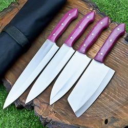 custom handmade d2 steel blade kitchen knife set 4 pieces, chef knife set, resin handle & leather bag