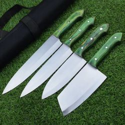 custom handmade full tang d2 steel blade chef knife set 4 pieces, camping & survival knives with wood handle & bag