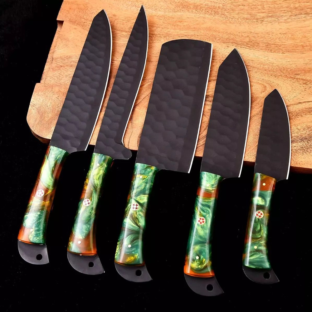 Custom Hand Forged D2 Steel Black Coated Blade Chef Knife Set 5 Pieces Best Knives For Camping  Out 0