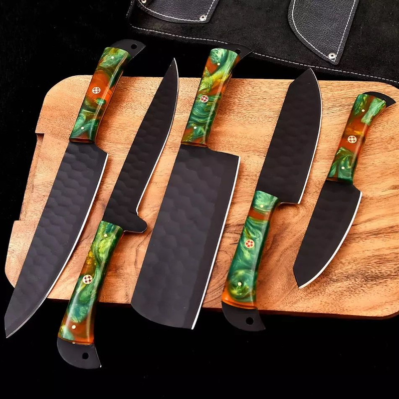 Custom Hand Forged D2 Steel Black Coated Blade Chef Knife Set 5 Pieces Best Knives For Camping  Out 3