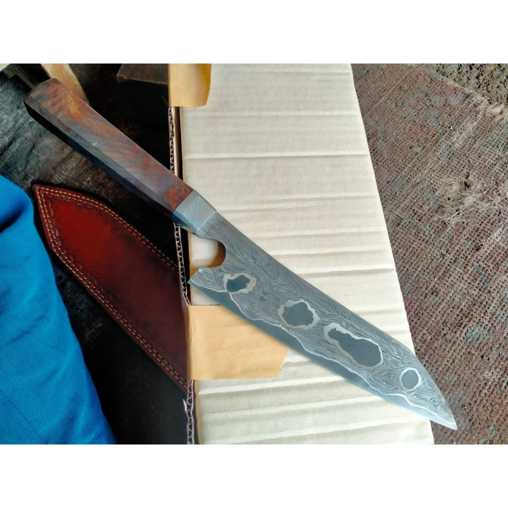 DAMASCUS CHEF KNIFE  JAPANESE CHEF KNIFE  CUSTOM DESIGN  UNIQUE PATTERN  COOKING KNIFE WITH SHEATH