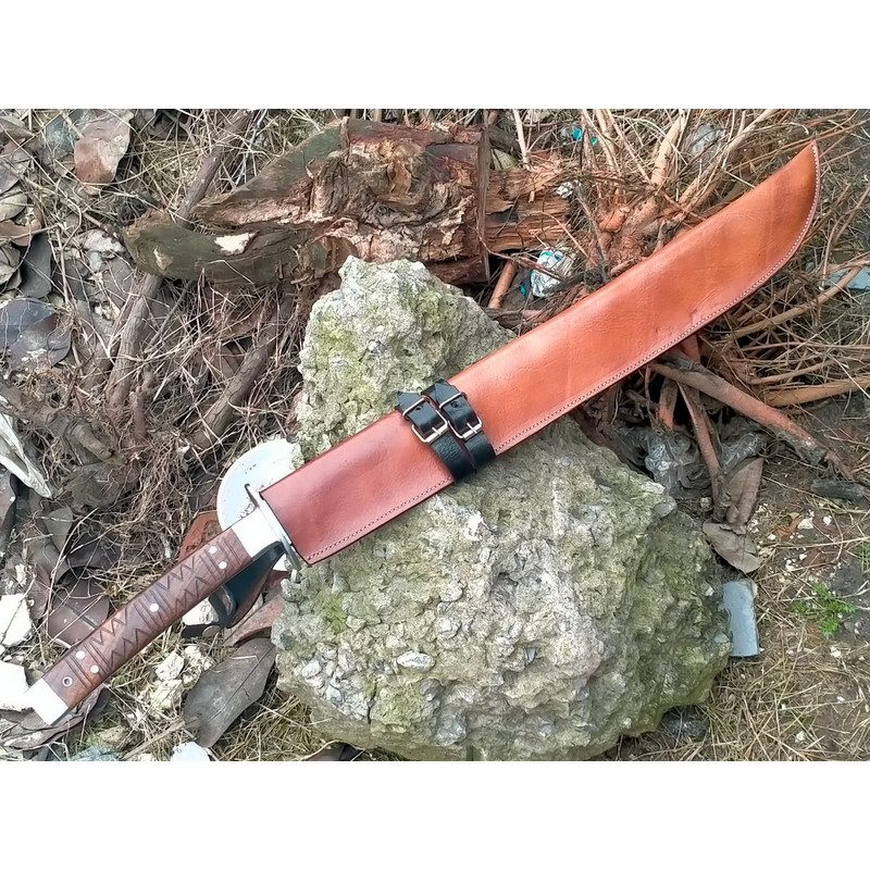 COLLECTIBLE SWORD HANDMADE D2 STEEL BLADE FULL TANG CAMPING MACHETE SWORD WITH SHEATH WOOD HANDLE 2