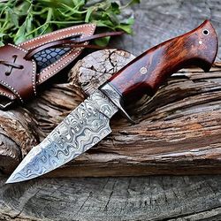 custom handmade damascus steel fixed blade skinner hunting knife with sheath, wood handle, gift for him