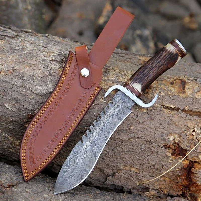 Stag Horn Handle Big Bowie Damascus Steel Hunting Camping Knife With Leather Pouch 0