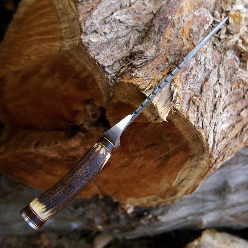 Stag Horn Handle Big Bowie Damascus Steel Hunting Camping Knife With Leather Pouch 1