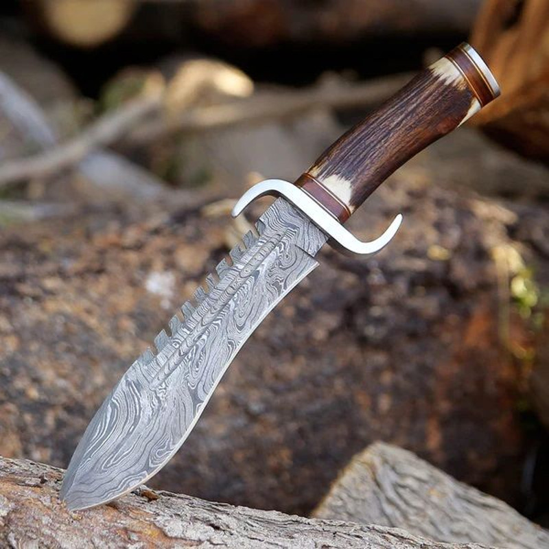 Stag Horn Handle Big Bowie Damascus Steel Hunting Camping Knife With Leather Pouch 2