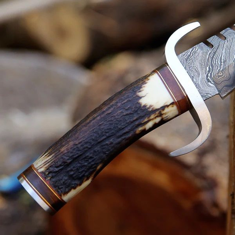 Stag Horn Handle Big Bowie Damascus Steel Hunting Camping Knife With Leather Pouch 3