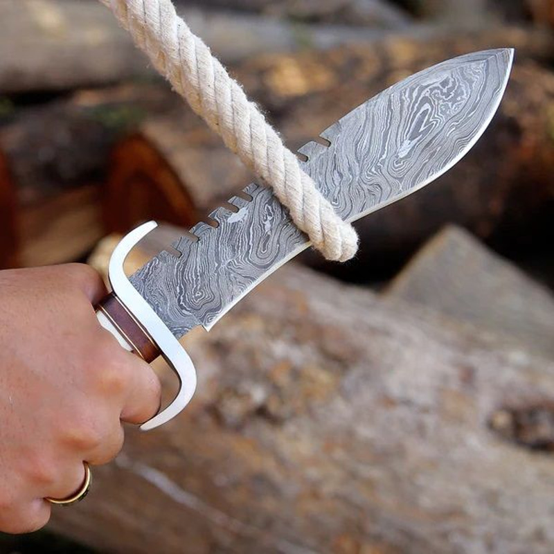 Stag Horn Handle Big Bowie Damascus Steel Hunting Camping Knife With Leather Pouch 4