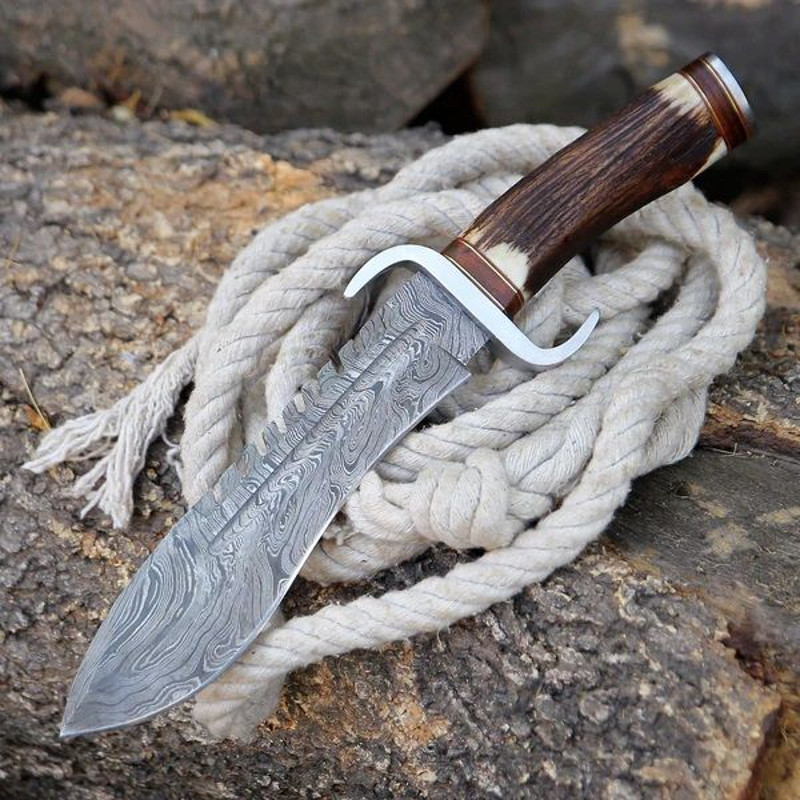 Stag Horn Handle Big Bowie Damascus Steel Hunting Camping Knife With Leather Pouch 5