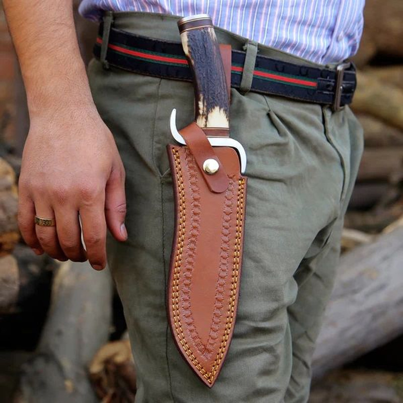 Stag Horn Handle Big Bowie Damascus Steel Hunting Camping Knife With Leather Pouch 6
