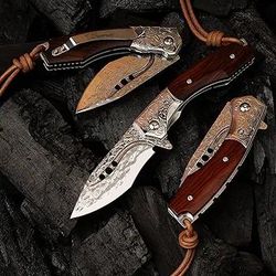 handmade japanese damascus steel pocket folding knife with leather cover and pocket clip, 2.87-inch outdoor camping fish