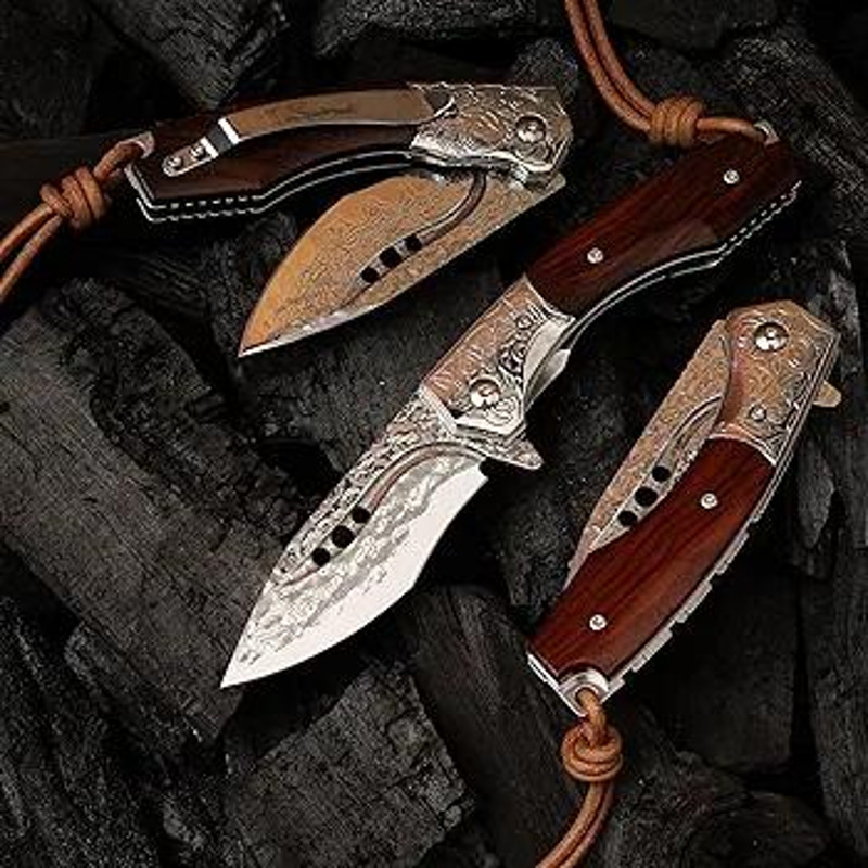 Handmade Japanese Damascus Steel Pocket Folding Knife With Leather Cover And Pocket Clip 287inch Outdoor Camping Fish 0